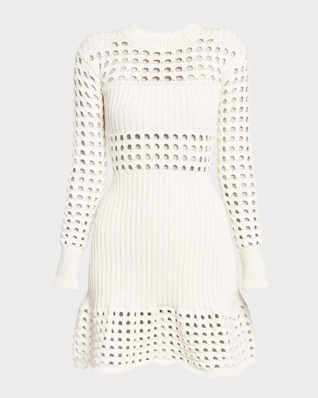 Crochet-Panel Long-Sleeve Mini Dress